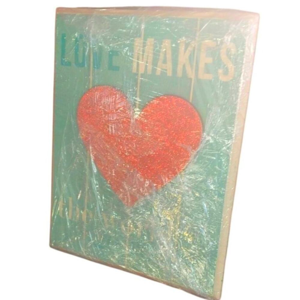 Love Makes A House A Home Wall Art Glitter Heart Canvas Plaque 11x14 Teal Pink